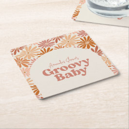 Porta-copo De Papel Quadrado Chá de fraldas de Grãos Florais Cor-de-laranja e R