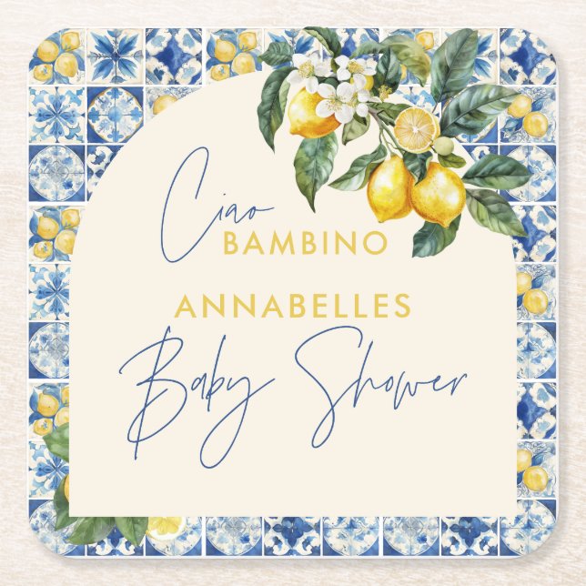 Porta-copo De Papel Quadrado Chá de fraldas de limão grego Ciao Bambino (Frente)