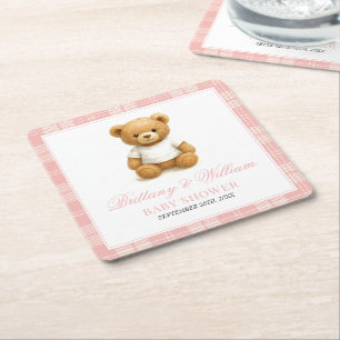 Porta-copo De Papel Quadrado Chá de fraldas de Xadrez rosa elegante do urso de