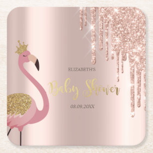 Porta-copo De Papel Quadrado Chá de fraldas Flamingo cor-de-rosa, gotas Dourada