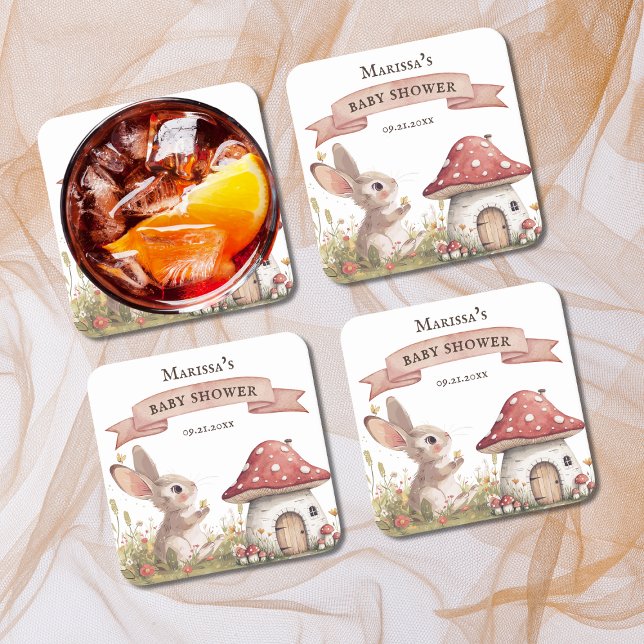 Porta-copo De Papel Quadrado Chá de fraldas Rustic Bunny (cute rustic bunny rabbit baby shower paper coasters, gender neutral baby shower party supplies)