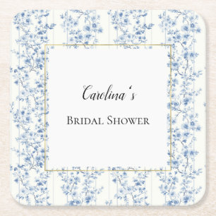 Porta-copo De Papel Quadrado Chá de Noiva Floral Azul Branco