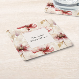 Porta-copo De Papel Quadrado Chá de Noiva Floral Creme Borgonha