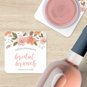 Porta-copo De Papel Quadrado Chá de Noiva Floral Delicado Pêssego