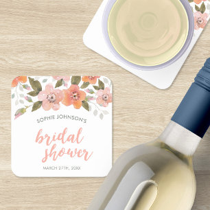 Porta-copo De Papel Quadrado Chá de Noiva Floral Delicado Pêssego