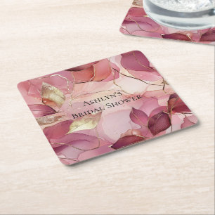 Porta-copo De Papel Quadrado Chá de Noiva Folhas Douradas Rosa Cor-de-Rosa