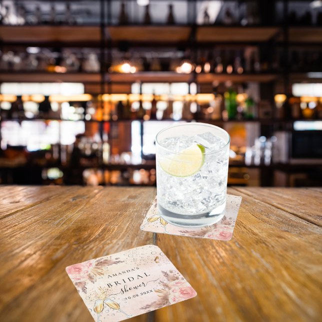 Porta-copo De Papel Quadrado Chá de noiva rosa pampas dourado espumante (Criador carregado)