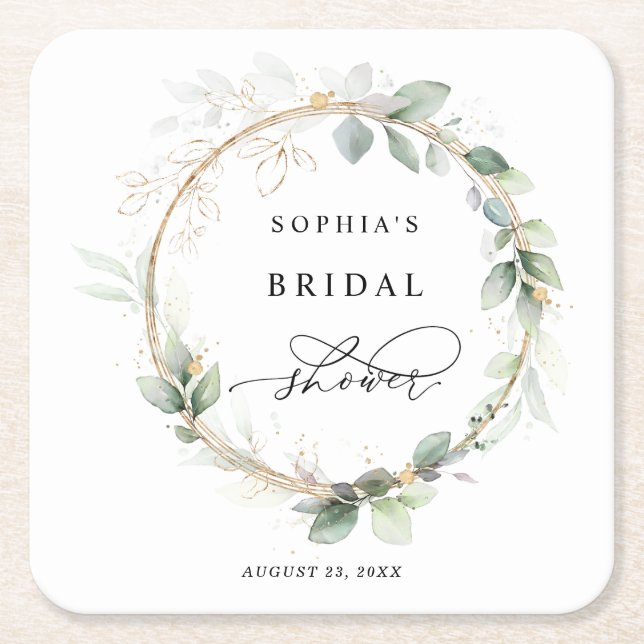 Porta-copo De Papel Quadrado Chá de Noiva Verde e Dourado (Frente)