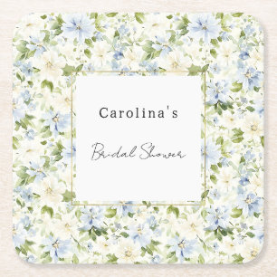 Porta-copo De Papel Quadrado Chá de Noivas Florais Creme Azul