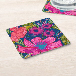 Porta-copo De Papel Quadrado Chá de panela floral de aquarelas e de cor rosa bo