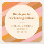 Porta-copo De Papel Quadrado Chá de panela Personalizado com faixas sunset cor-<br><div class="desc">Este design ousado e colorido apresenta faixas retrorreflectoras diagonais em tons quentes de coral, pincel, laranja e mostarda, com um círculo no estilo central de burst solar para seu texto personalizado. Personalizada com o nome e a data da noiva, esta porta copos adiciona uma pop de cor divertida às capas...</div>