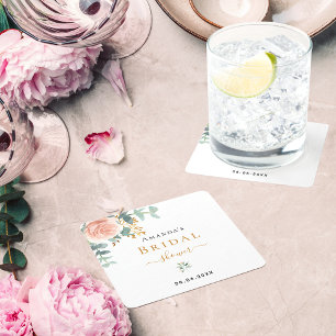 Porta-copo De Papel Quadrado Chá de panela rosa de ouro floral eucalipto elegan