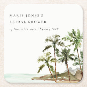 Porta-copo De Papel Quadrado Chá de panela Russo Tropical Palm Tree Beach Sand