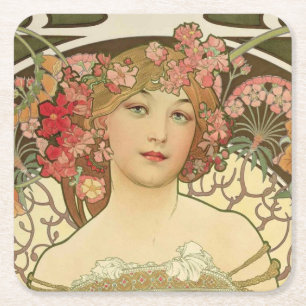 Porta-copo De Papel Quadrado Champagne Girl Alphonse Mucha Portas copos