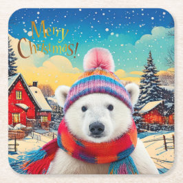 Porta-copo De Papel Quadrado Chapéu do Polar Bear Santa e cachecol Feliz Natal