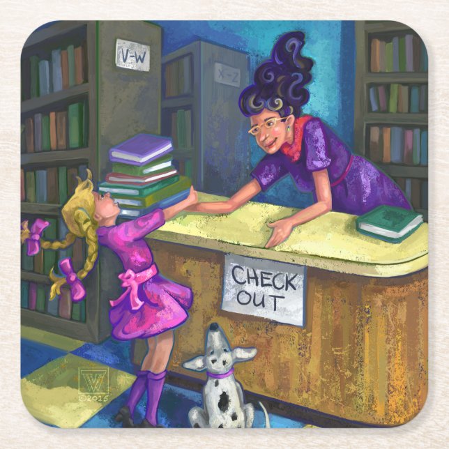 Porta-copo De Papel Quadrado Check-out da Biblioteca (Frente)