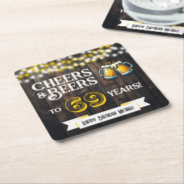 Porta-copo De Papel Quadrado Cheers and Beers to 69 Years Rustic Birthday