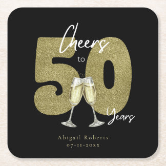 Porta-copo De Papel Quadrado Cheers To 50 Years Black Gold 