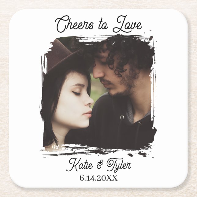 Porta-copo De Papel Quadrado Cheers to Love | Photo Template Wedding (Frente)