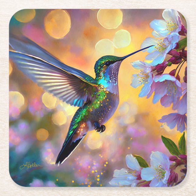 Porta-copo De Papel Quadrado Cherry Blossom Fantasy Hummingbird (Frente)