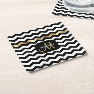 Porta-copo De Papel Quadrado Chevron Dourado, Branco e Preto