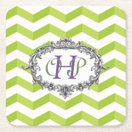 Porta-copo De Papel Quadrado Chevron e Moldura Oval Verde e Branco c/ Monograma
