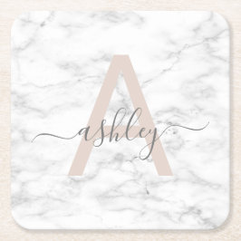 Porta-copo De Papel Quadrado Chic Blush White Marble Script Name Monogramo