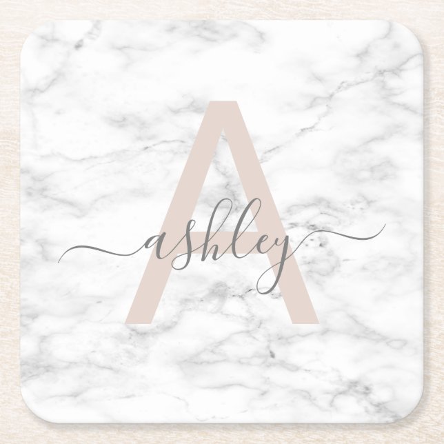 Porta-copo De Papel Quadrado Chic Blush White Marble Script Name Monogramo (Frente)