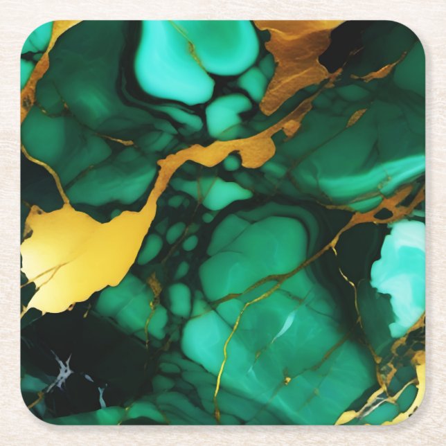 Porta-copo De Papel Quadrado Chic Elegante verde escuro ouro amarelo Faux Marbl (Frente)