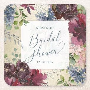 Porta-copo De Papel Quadrado Chic Marsala Floral Aquarela Dourado Chá de Noiva