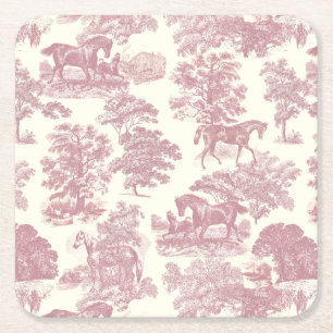 Porta-copo De Papel Quadrado Chic Pink Horses Clássico Elegante Toile Country