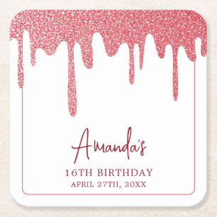 Porta-copo De Papel Quadrado Chic Rosa Dourado Drip Glitter Sweet 16 Aniversári
