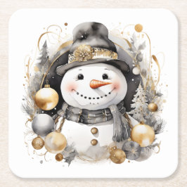 Porta-copo De Papel Quadrado Chic Snowman: Black and Gold Holiday Charm