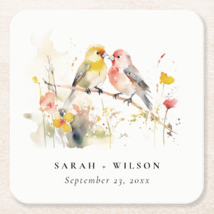 Porta-copo De Papel Quadrado Chic Wild Botanical Watercolor Love Birds Casament