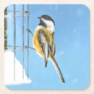 Porta-copo De Papel Quadrado Chickadee na pintura do alimentador - arte