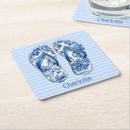 Porta-copo De Papel Quadrado Chinelos Azul e Branco em Listras