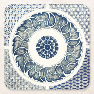 Porta-copo De Papel Quadrado Chinês Floral Branco e Azul