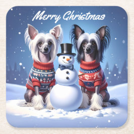 Porta-copo De Papel Quadrado Chinese Crested Dogs & Snowman Christmas