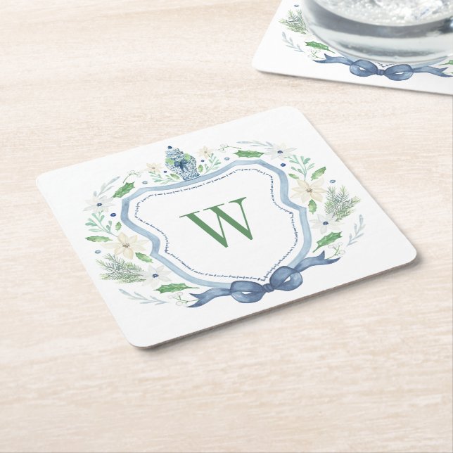 Porta-copo De Papel Quadrado Chinoiserie Ginger Jar Monograma Crest (Inclinado)