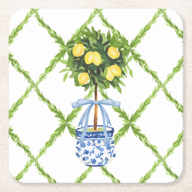 Porta-copo De Papel Quadrado Chinoiserie Lemon Topiary with Blue Bow (Frente)
