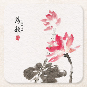 Porta-copo De Papel Quadrado Chinoiserie Solta Aquarela Flores de Lotus
