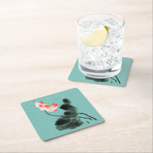 Porta-copo De Papel Quadrado Chinoiserie Watercolor Pintura Lotus Floral