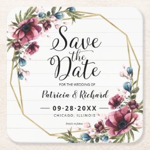 Porta-copo De Papel Quadrado Chique Rústico Burgundy Floral Save The Date