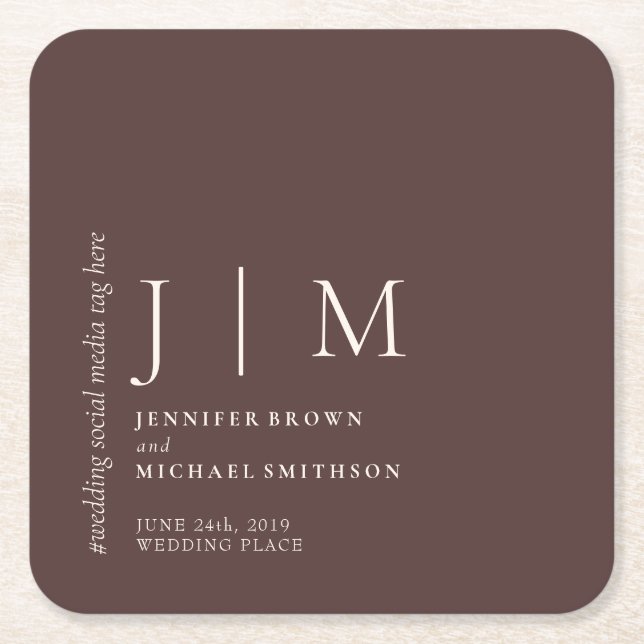 Porta-copo De Papel Quadrado Chocolate Brown Formal Simple Elegant Wedding (Frente)