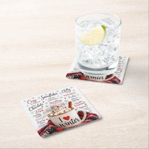 Porta-copo De Papel Quadrado Chocolate Quente de Inverno com Nuvem de Palavras