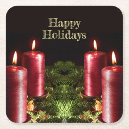 Porta-copo De Papel Quadrado Christmas Celebration Red Candles Green Leaves
