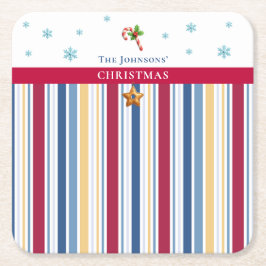 Porta-copo De Papel Quadrado Christmas Coasters – Blue, Red & Gold Stripes