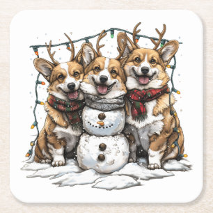 Porta-copo De Papel Quadrado Christmas Corgi Dogs Snowman