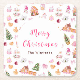 Porta-copo De Papel Quadrado Christmas Gingerbread Pink Merry Christmas