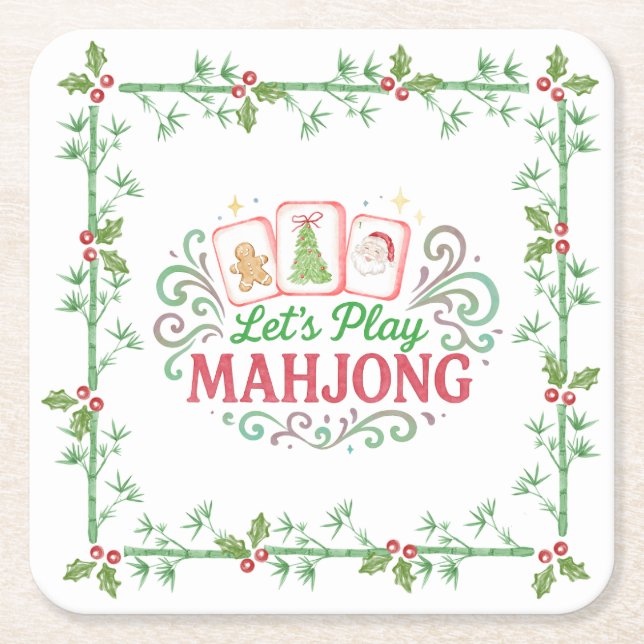 Porta-copo De Papel Quadrado Christmas Mahjong Crest | Monogram (Frente)